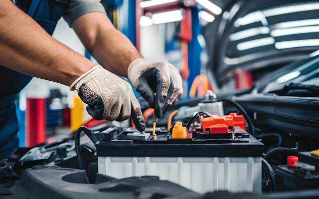 Kfz-Mechatroniker arbeitet an offener Motorhaube an der Batterie