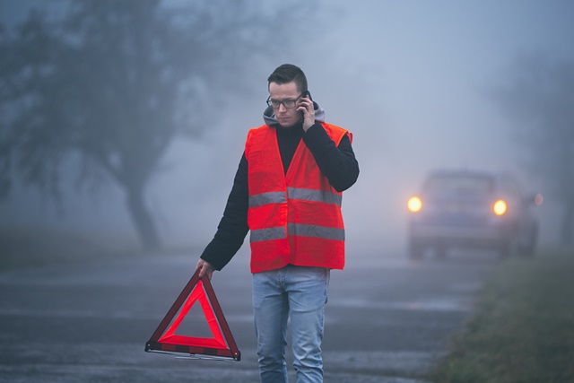 Nebel, Fahrer, Weste, Warndreieck, Handy, Unfall