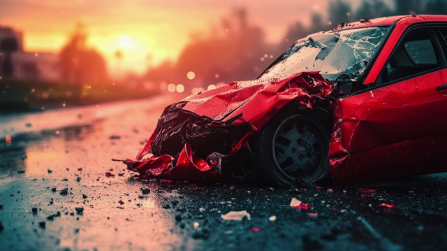 Rotes, komplett geschrottetes Unfallauto
