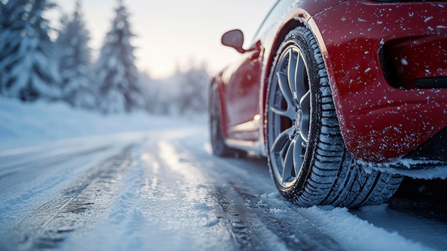 Winterreifenpflicht Roter Sportwagen auf verschneiter, spiegelglatter Straße